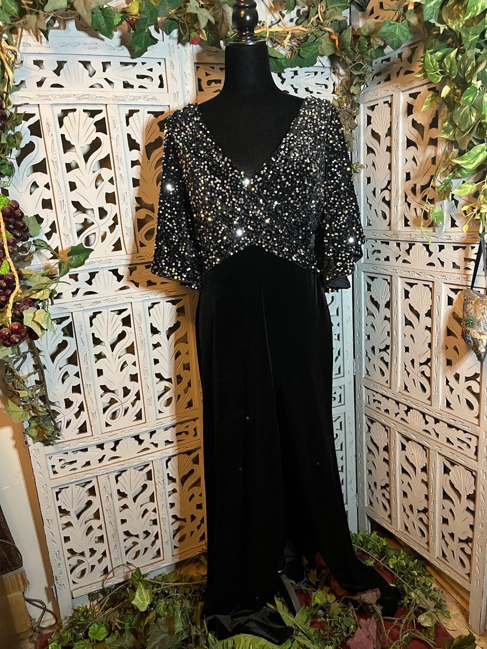 GLITZ & GLAMOUR BLACK VELVET WITH SPARKLE SILVER SEQUINS MAXI FORMAL DRESS